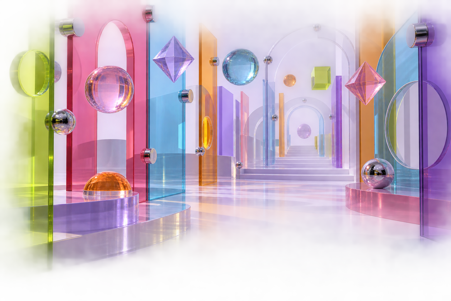 A luminous passage of transparent colored panels